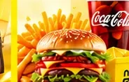 Burger, fries, cola and pizza